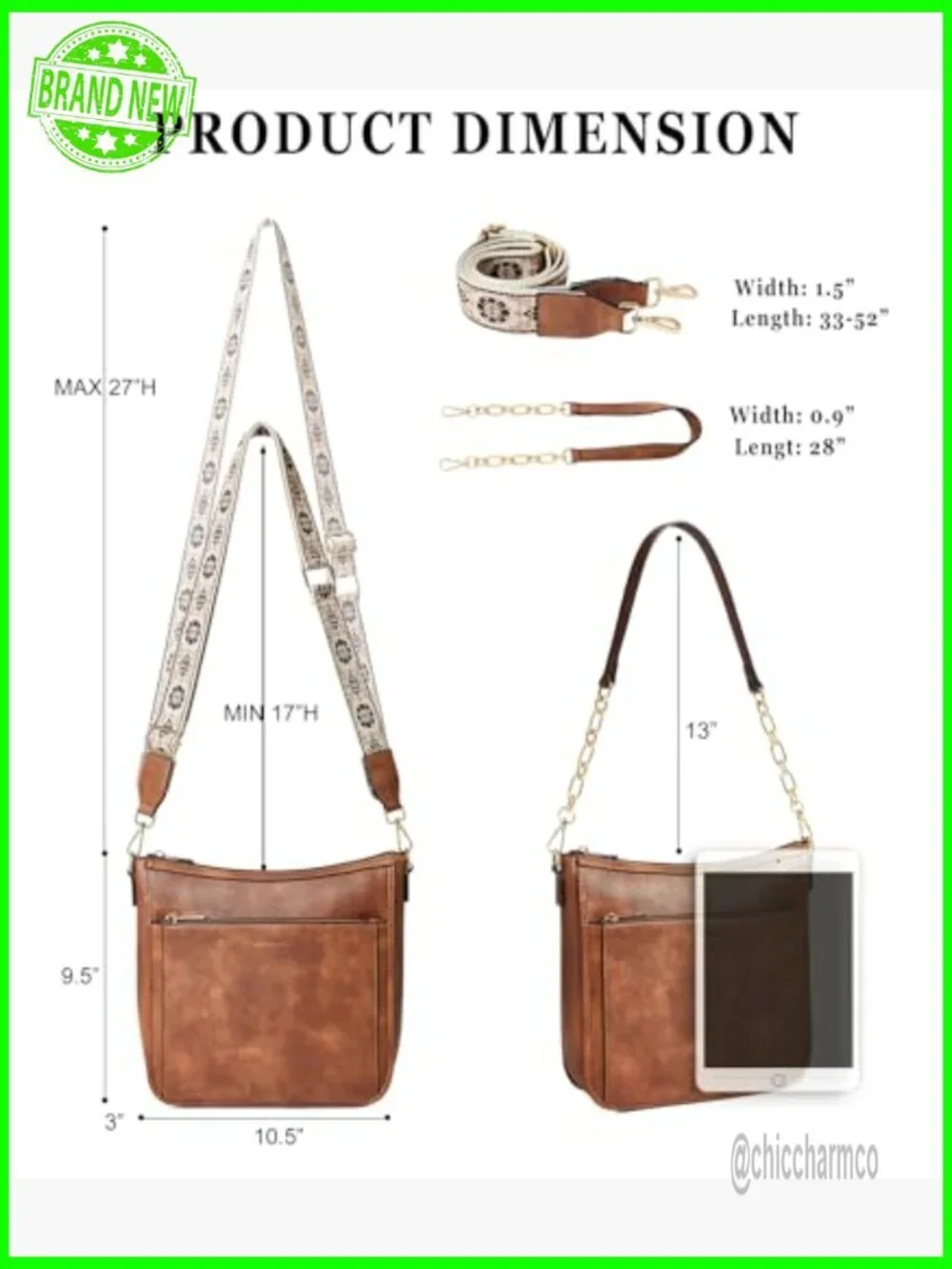 Vegan Leather Crossbody Hobo Bag with 2 Detachable Straps, Multiple Pockets